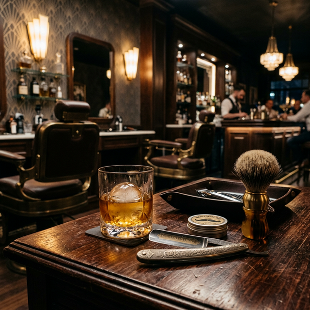 Whisky e ferramentas clássicas de barbearia
